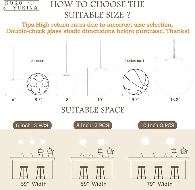 KoKo&Yukina 8-inch Globe Pendant Lighting for Kitchen Island Mid Century Modern Hanging Light Fixture with Milk Glass Globe Glass Black Industrial Hanging Ceiling Lights for Sink Bathroom Entryway