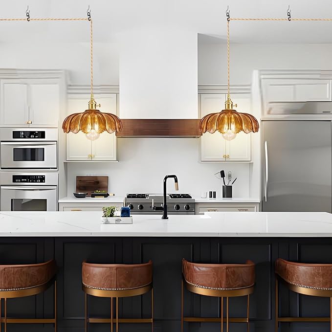 Plug in Pendant Light, Hanging Lights with Plug in Cord, Hanging Light Fixture with Amber Color Glass, E26 Pendant Lighting for Kitchen Island, Bedroom, Dining Room-Browm