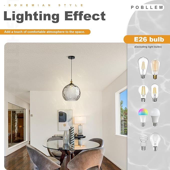 13.8" Large Grey Glass Pendant Lights Kitchen Island Hammered Glass Globe Pendant Lamp Mid Century Modern 1-Light Pendant Lighting Fixtures for Dining Room Living Room Bedroom