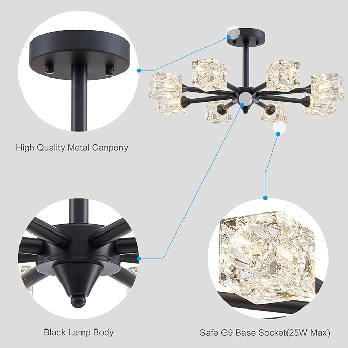 XINGQI 8 Lights Ceiling Light Fixture Farmhouse Semi Flush Mount Ceiling Light Industrial Black Glass Sputnik Chandelier for Bedroom Hallway Dining Room Powder Room