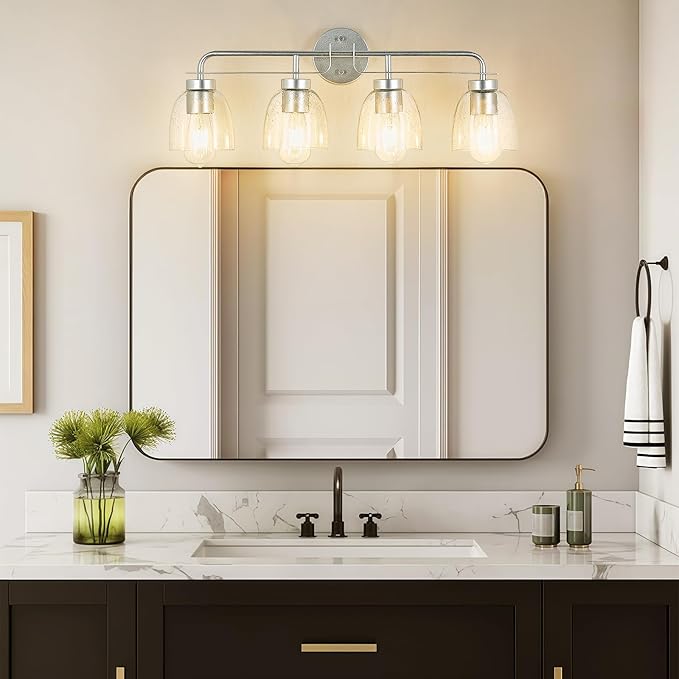 28 Inch Vanity Lights, 4-Light Silver Vintage Industrial Bathroom Light Fixtures with Bell Bubble Glass Shade, Wall Sconce for Bathroom Mirror, Bedroom, Hallway