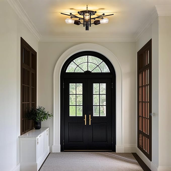 4 Light Sputnik Light Fixture Black Flush Mount Lights Industrial Ceiling Light Wood 25.24" Modern Farmhouse Ceiling Lights for Kitchen Bedroom Bathroom Foyer Hallway(E26)