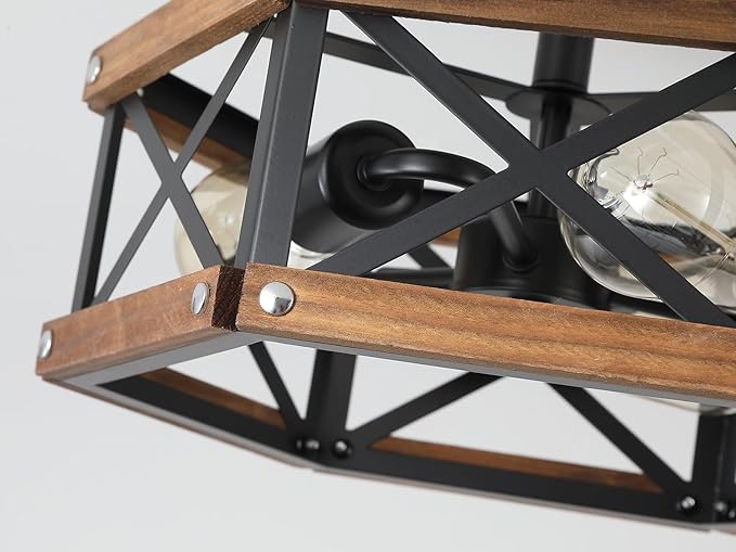 3-Light Rustic Farmhouse Wood Flush Mount Ceiling Light Fixture 14.5 inch Oak Wood and Metal Hexagon Cage Semi Flush Mount Ceiling Light for Hallway Hall Entry Bedroom Kitchen Farmhouse, Black