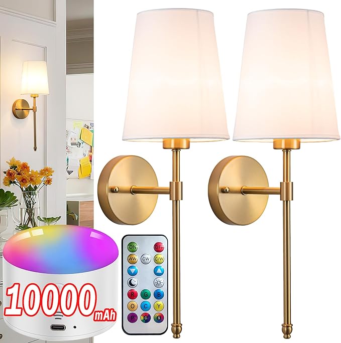 YHCDLAMP Battery Operated Wall Sconce Set of 2, Rechargeable Wall Sconce with 10000mAh Bulb and Remote, Up to 50 Hrs Use, RGB Dimmable Wireless Wall Lights for Living Room Bedroom Hallway