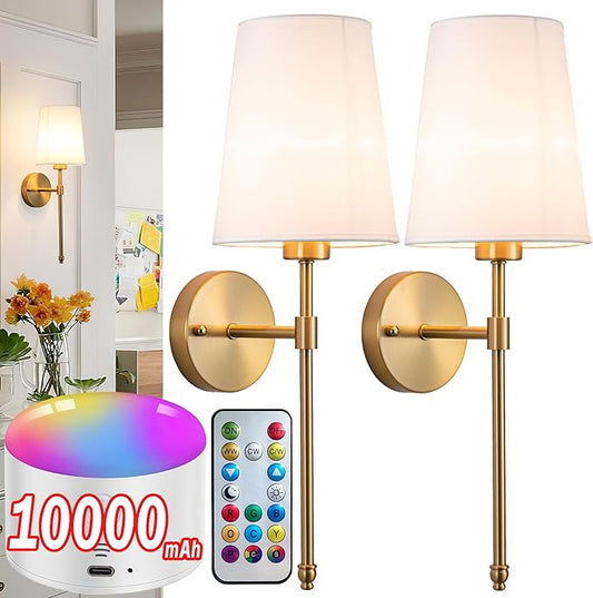YHCDLAMP Battery Operated Wall Sconce Set of 2, Rechargeable Wall Sconce with 10000mAh Bulb and Remote, Up to 50 Hrs Use, RGB Dimmable Wireless Wall Lights for Living Room Bedroom Hallway