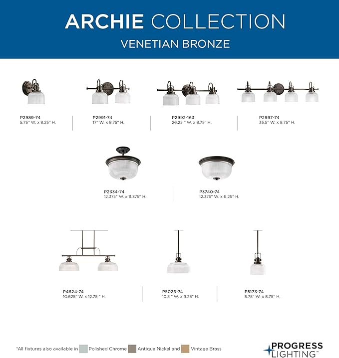 Progress Lighting P2989-74 Archie Collection Clear Double Prismatic Glass Coastal Bath Vanity, 1-Light, Venetian Bronze