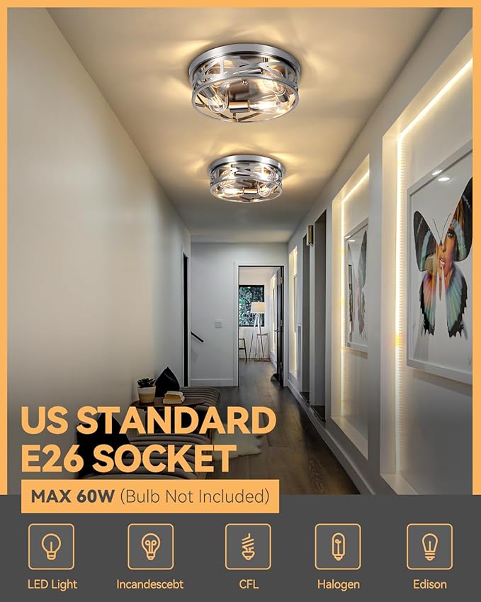 13 Inch Close to Ceiling Lights, 2 Pack Brushed Nickle Flush Mount Ceiling Light Fixture, Modern 4-Light Metal Cage Indoor Kitchen Ceiling Lights for House Hallway Bedroom Living Room