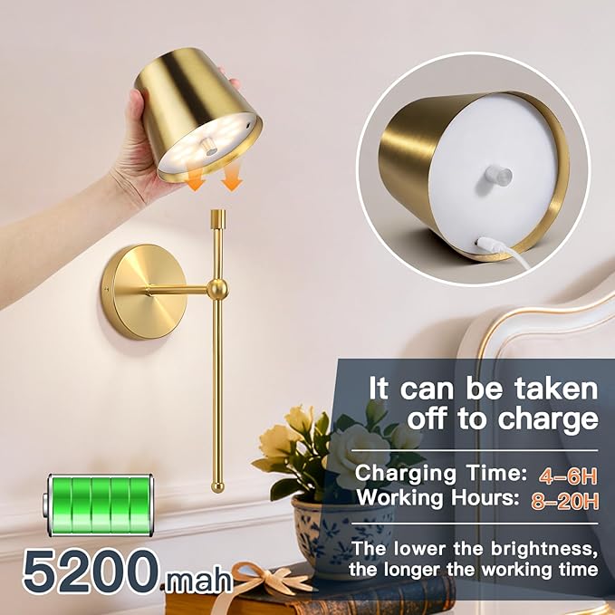 TaoFiaCo Battery Operated Wall Sconces Set of 2, Wireless Wall Sconce with Remote Dimmable Timer, Rechargeable 5200mAh, Cordless Gold Wall Light for Bedroom Living Room, Hallway, Light Decor