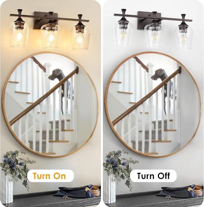 3 Light Bathroom Vanity Light - Coffee Bathroom Lighting Fixtures Over Mirror, Modern Wall Sconces with Transparent Glass Lampshade for Bedroom Living Room Kitchen Cabinet Stair Hallway