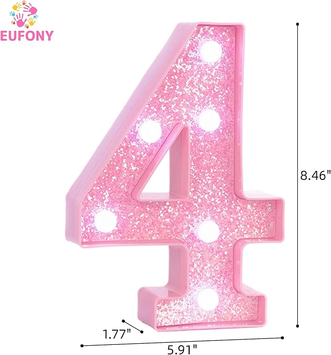 Pink Light Up Marquee Numbers, Glitter LED Number Lights Signs Battery Operated for Girls 4th 14th 24th Pink Birthday Party Table Decorations, 8 Inch Tall Number 4 with Cool White Lights