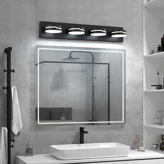 Vanity Lights for Bathroom, 25.6in Matte Black Bathroom Light Fixtures Over Mirror, 4-Light Modern LED Wall Sconce Makeup Lighting, 350° Rotatable, Dimmable 5500K Cool White, Hardwired