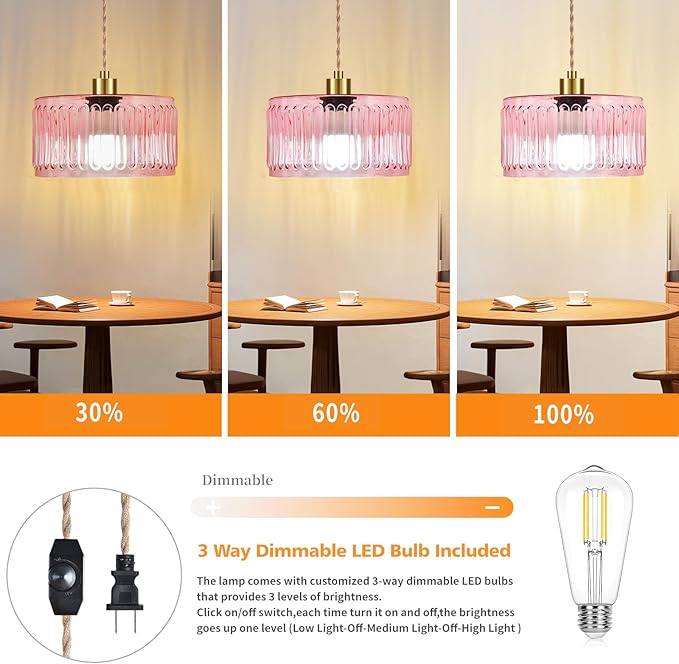 QIYIZM Pink Plug in Pendant Light Glass Hanging Lights with Plug in Cord Boho Hanging Lamp Gold Mid Century Modern Vintage Dimmable Flower Plug in Chandelier Ceiling Fixture for Living Room,Bedroom