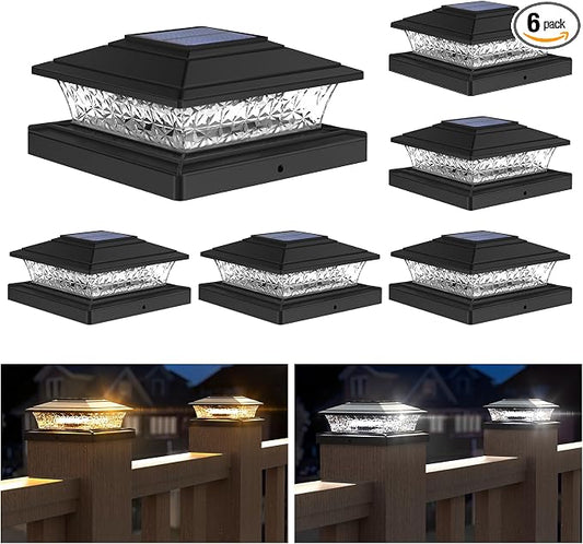 APONUO Solar Post Lights Outdoor, 2 Lighting Modes 16 LEDs Solar Post Cap Lights for 4x4 5x5 6x6 Vinyl Wooden Posts Waterproof Fence Post Lights Solar Powered for Deck/Fence/Porch (Black,6 Pack)