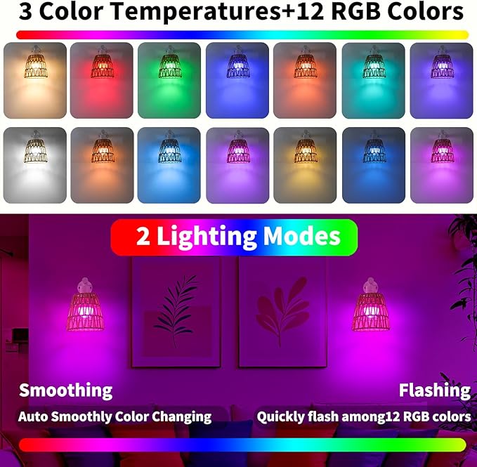 Battery Operated Wall Sconce Set of 2, Boho USB Rechargeable Wall lamp, White Farmhouse Rattan Sconce Lighting with Remote, RGB 15 Colors Modes Rechargeable Wall Lights for Bedroom Livingroom Hallway