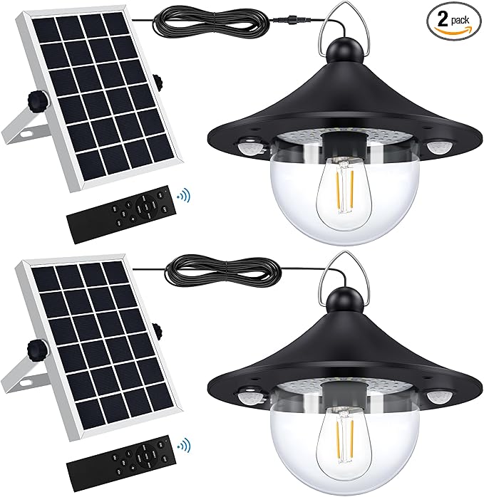 Solar Shed Light Indoor Outdoor Pendant Lights Solar Powered with 2 Motion Sensor, Waterproof Solar Hanging Lamp for Porch, Inside Home, Farmhouse, Gazebo, Chicken Coop, Daytime Available, 2 Pack