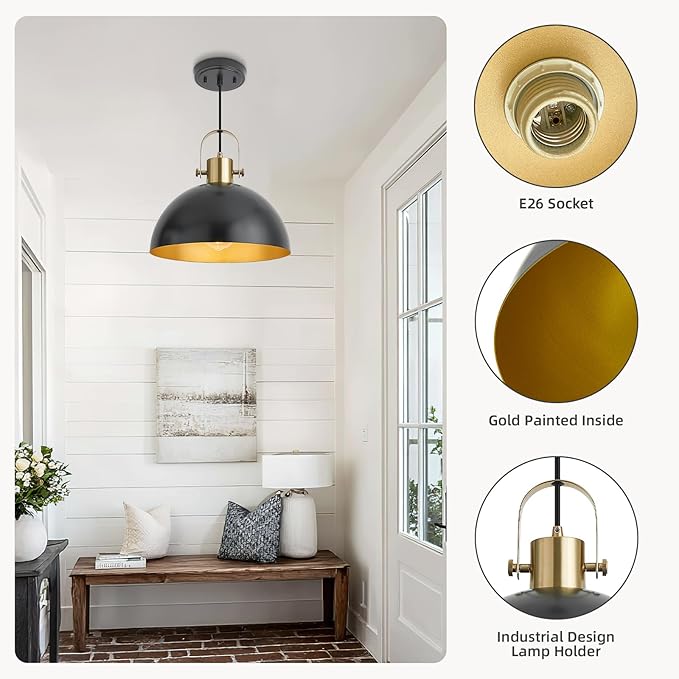12 Inch Farmhouse Pendant Lights, Black Pendant Lighting for Kitchen Island, lndustrial Adjustable Height Hanging Light for Barn, Dining Room, 2 Pack