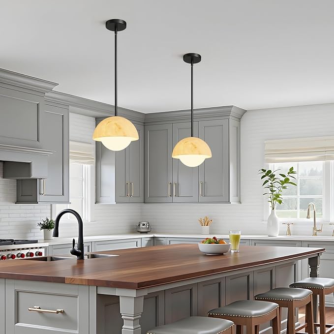 Modern Pendant Light Fixtures: 10 Inch Resin Shade Mid Century Chandelier with Milk Glass Globe - Adjustable Black Pendant Lighting for Kitchen Island