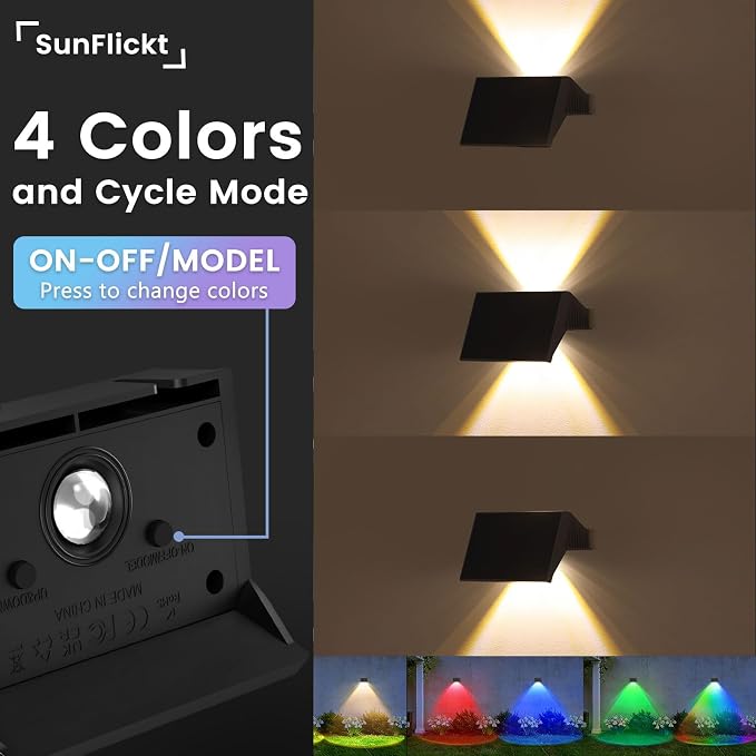 Solar Fence Lights Outdoor, 16 Pack White & RGB Up and Down Solar Wall Lights, IP67 Waterproof LED Dusk to Dawn Solar Powered Fence Lights for Patio, Backyard, Deck, Garden, Yard, Outdoor Wall Decor