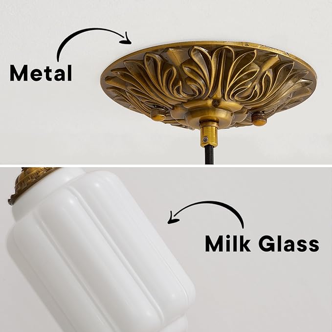 Milk Glass Ceiling Light Fixture,Milk Glass Pendant Light ,Semi Flush Mount Pendant Light Vintage Schoolhouse Ceiling Light for Kitchen Island, Living Room, Dining Room, Bedroom (White, 5.7 Inch)
