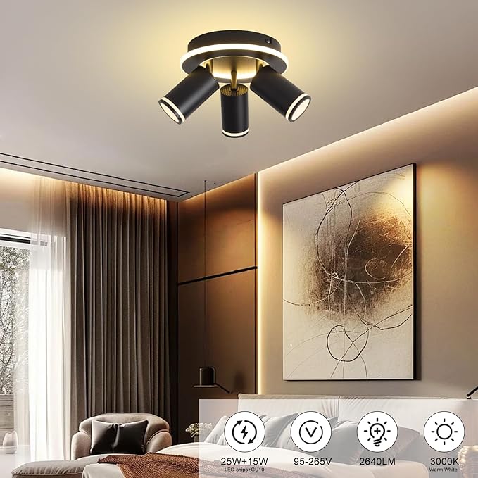 LED 3 Light Track Lighting Kit, Black Round Ceiling Spot Lighting Fixture with Flexibly Rotatable Heads, Modern Spotlight for Kitchen, Living Room, Bedroom, Dual Lighting Design,Includes 3 x GU10 Bulb