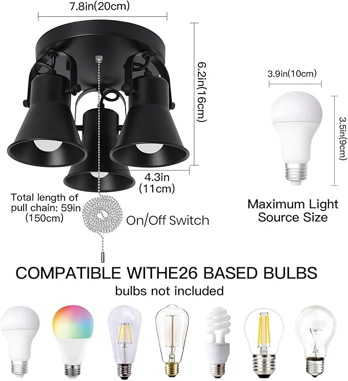 SEEBLEN 3-Light Industrial Track Lighting with Pull Chain On/Off Switch, Adjustable Round Kitchen Ceiling Light, Morden Black Flush Mount Directional Light for Kitchen, Hallway, Dining Room, Bathroom