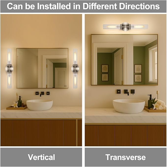 LaLuLa Brushed Nickel Vanity Lights – 2-Light Hardwired Bathroom Light Fixtures with Rippled Glass Shades and Textured Metal Body, Chrome Wall Sconces for Over Mirror or Hallway