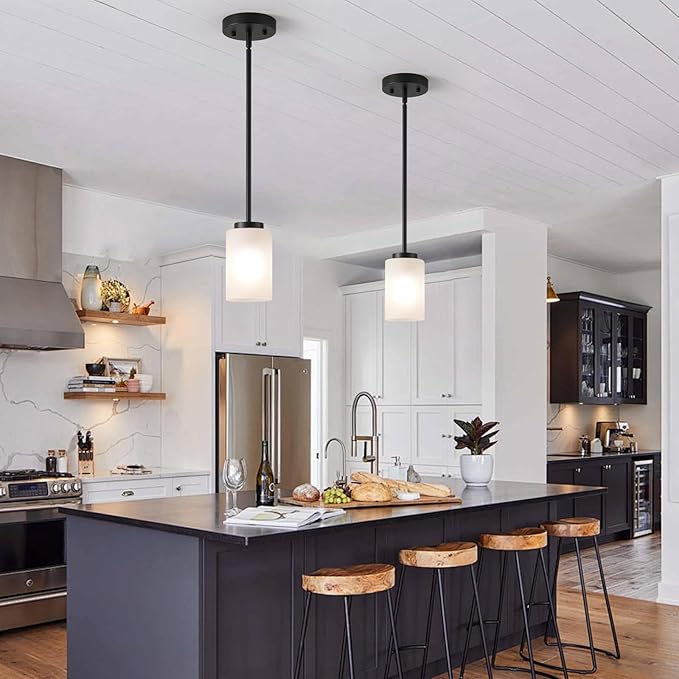 2 Pack Pendant Light Fixtures, Farmhouse Adjustable Kitchen Island Hanging Ceiling Lights, Black Mini Pendant Lights with White Frosted Glass Shade for Bedroom Living Room