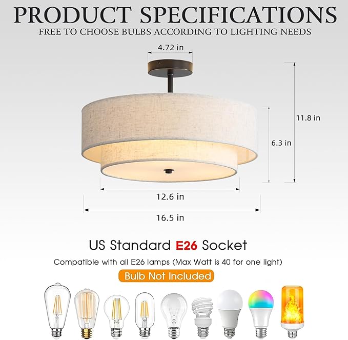 16.5 inch Semi Flush Mount Ceiling Light with Natural Linen Shade, 3-Light UL Listed Fixture with E26 Socket (No Bulb Included) for Bedroom, Kitchen, Living Room