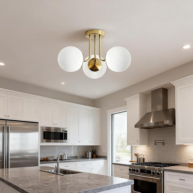 Mid Century Modern Brass 3-Light Gold Ceiling Light, Sputnik Ceiling Light Fixture with Globe White Glass, Semi Flush Mount Ceiling Light for Living Room Hallway Foyer, E26 Base