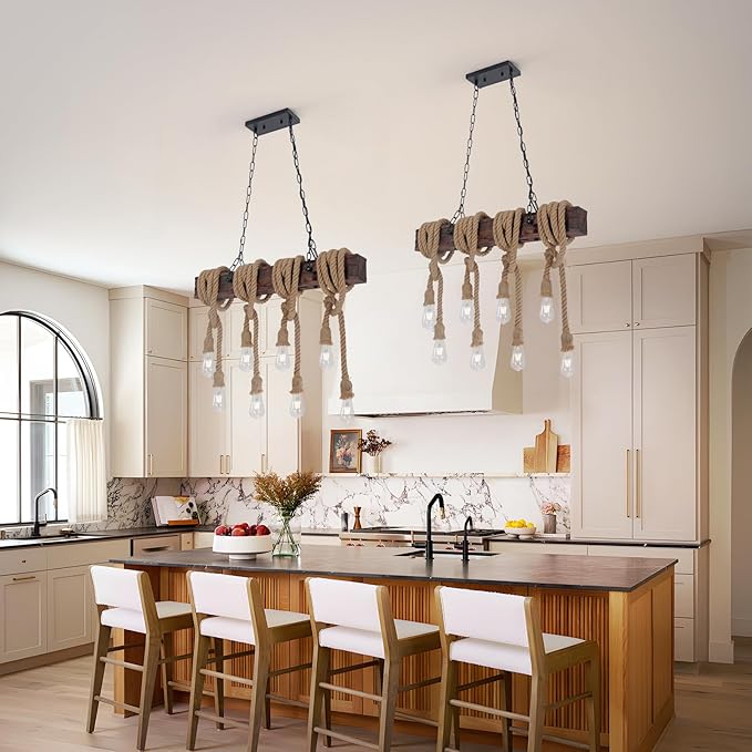 KEESFU Farmhouse Light Fixtures Rustic Chandelier，8-Light Kitchen Island Light Height Adjustable，Hemp Rope Pendant Light for Kitchen Dining Room Bar.