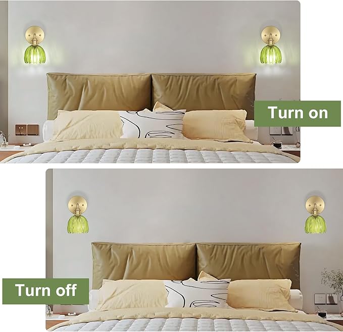 Hardwired Wall Sconces Set of Two, Vintage Wall Lights with Green Tulip Glass Lampshade, Gold Wall Lamps for Bedroom Bedside Stairway Bathroom Living Room (Bulbs Not Included, Not Battery Powered)