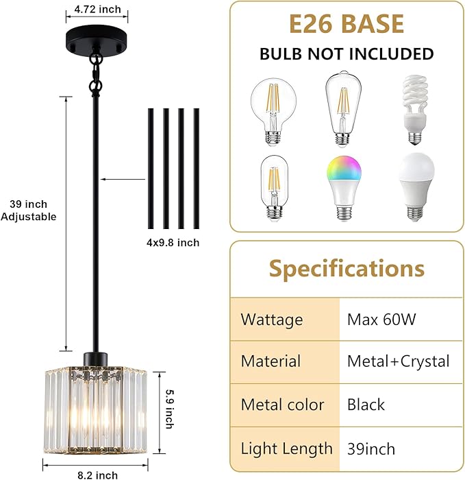 XSDeTu Black Pendant Lights Kitchen Island 2 Pack, Modern Crystal Chandeliers, Mini Hexagonal Pendant Light Fixture, Adjustable Hanging Ceiling Light for Kitchen Island Dinning Room Sink Bedroom