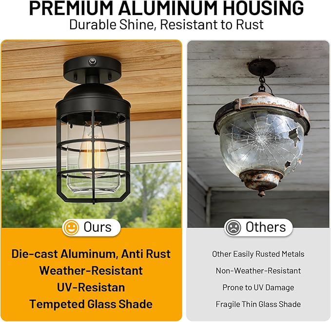 Outdoor Ceiling Lights for Porch with Dusk to Dawn Sensor, Black Outdoor Semi Flush Mount Ceiling Light Fixture with Clear Glass for Front Porch Entryway Patio, Set of 2