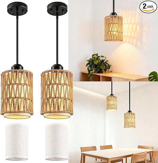 Rattan Pendant Light, 7 Inch 3-in-1 Boho Hanging Fixture with Iron Rods & Linen Shade, Adjustable Height & Sloped Ceiling Compatible for Kitchen Island Dining Room Farmhouse Bedroom, 2 Pack
