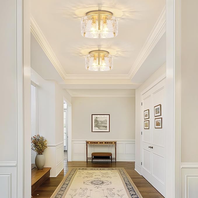 15'' Modern Gold Semi Flush Mount Ceiling Light, 3-Light Glass Drum Light Fixtures, Ceiling Lights for Hallway Entryway Foyer Bedroom Kitchen Island Dining Room Laundry Room Bathroom Lighting Fixture