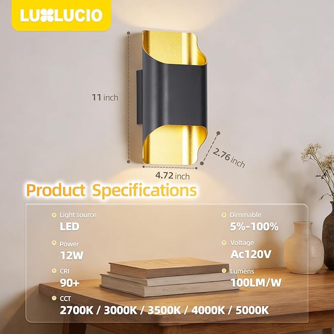 Balck Gold Wall Lights for Up and Wall Light, 5%-100% Dimmable, Modern Porch Light, IP65 Waterproof, 120V, 12W, 2700K-5000K 5Color Selectable CRI90+, ETL FCC