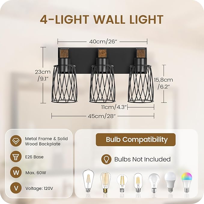 Industrial Farmhouse Bathroom Vanity Light, 3-Light Wood and Metal Wall Light Fixture, E26 Bulbs Not Included, for Bathroom, Vanity, Hallway, Black and Rustic Brown B19BD05