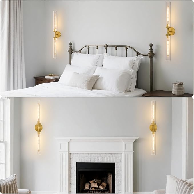 Knurled Brass Tube Wall Sconce - Set of 2 Luxury Modern Dimmable Sconces with Bulbs - Gold Glass Vanity Light Fixture - Vertical or Horizontal Mounted Indoor Lighting for Bathroom Bedroom Living Room