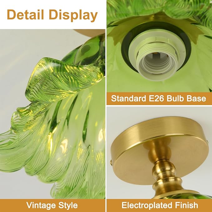 Semi Flush Mount Ceiling Light Fixture, 11in Green Glass Vintage Light Fixtures Ceiling for Hallway Kitchen Foyer Entryway Bedroom, E26 Base