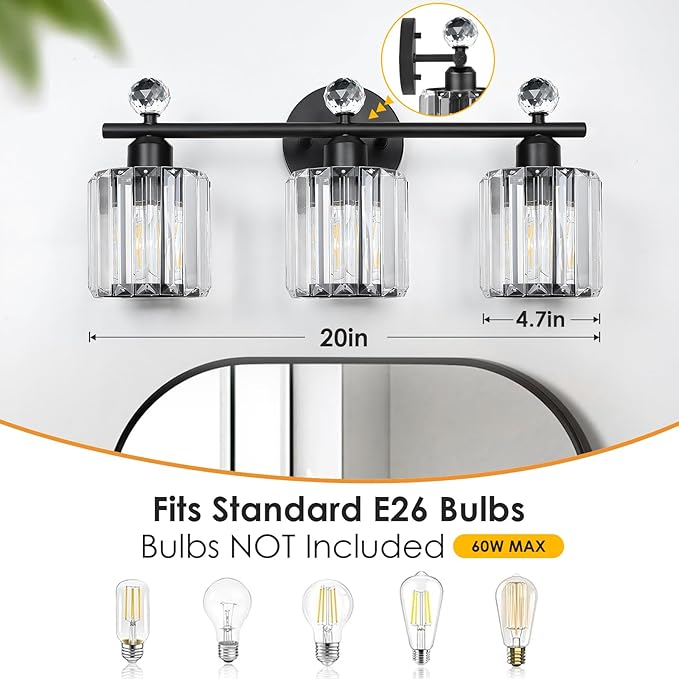 Modern 3 Light Crystal Vanity Light,Black Vertical Bathroom Light Fixture Over Mirror for Dressing Table Sink,Crystal Bathroom Light Fixtures,Compatible with Dimmable Bulbs (Bulbs Not Include)