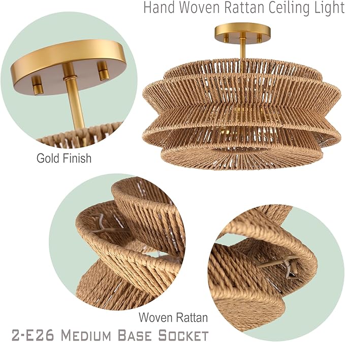 Boho 16''Coastal Rattan Semi Flush Mount Ceiling Light Farmhouse Rattan Ceiling Light Gold Nursery Ceiling Lights for Bedroom Kitchen Entryway Hallway(E26 Base)