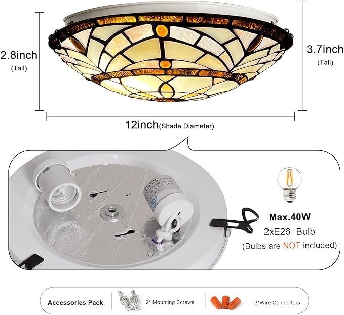 ARTZONE Tiffany Ceiling Lights, Stained Glass Ceiling Light 2-Lights 12 Inch Tiffany Flush Mount Ceiling Light for Bedroom Dining Living Room Entryway Foyer
