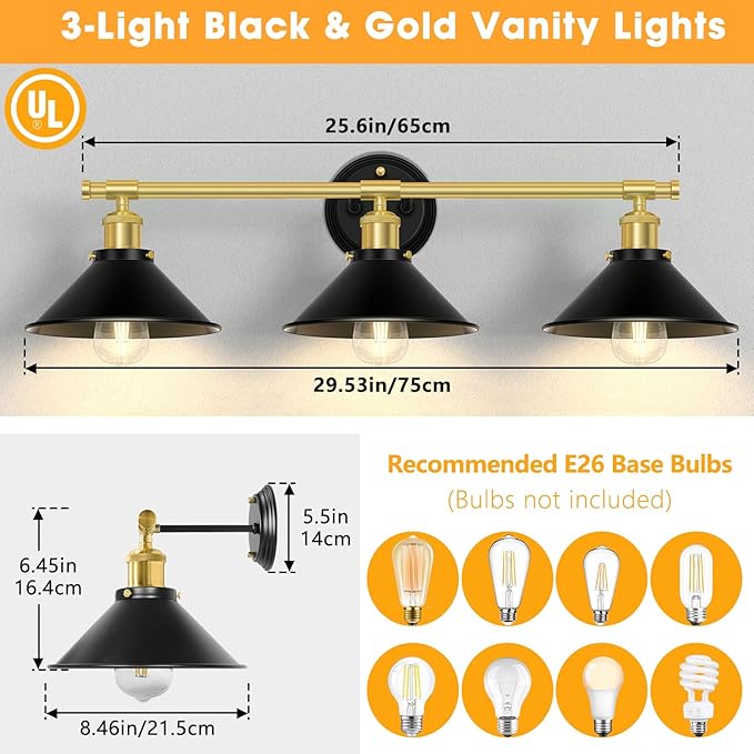 Licperron 3-Light Black and Gold Bathroom Lighting Fixtures, Farmhouse Vanity Wall Lights Over Mirror with Metal Shade, Indoor Bathroom Wall Mounted Lamp for Cabinet, Living Room, Kitchen