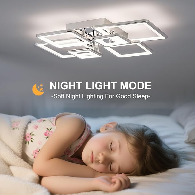 31.5''Dimmable Modern LED Ceiling Light Chrome 6Rings Square Ceiling Lamp 3000K-6500K Flush Mount Ceiling Lightwith Remote for Dining Room, Kitchen, Living Room