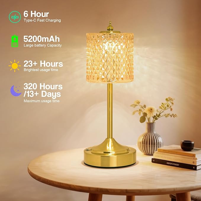 Cordless Crystal Table Lamp, 5200mAh Rechargeable Battery, 3 Color Dimmable Touch Control, Portable Vintage Gold Desk Lamp for Bedroom, Nightstand, Living Room, Home Decor (Amber)