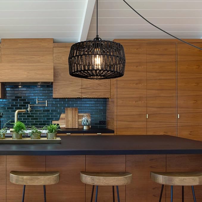 11.42’’ Black Woven Plug in Pendant Light Fixture, Rustic Round Ceiling Hanging Light with Plug in Cord & On/Off Switch for Entry Bedroom Kitchen Island Living Dining Room Foyer