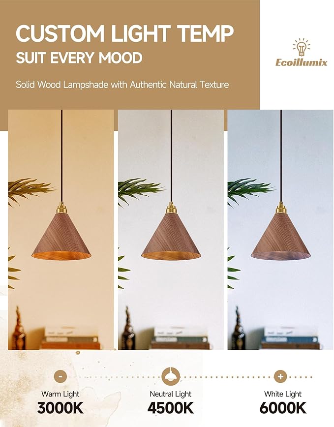 3 Pack Pendant Lights Kitchen Island, 8.3” Small Wood Pendant Light, Adjustable Height Hanging Light Fixtures, Kitchen Island Lights for Dining Room, Bedroom, Hallway, Bar (Walnut)