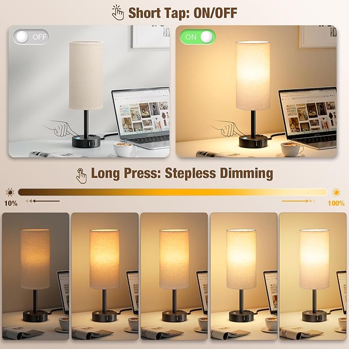 Touch Bedside Table Lamp with Memory - Stepless Dimmable Lamp for Bedroom, Small Nightstand Lamp with Dual USB Charging Ports and AC Outlet, Wood Night Light, Deak Lamp for Nursery (Beige & Black)