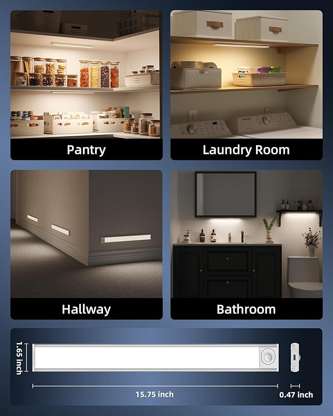 Under Cabinet Lighting Wireless, Rechargeable Battery Motion Sensor Light Indoor, LED Closet Lights USB Charging, 3 Color Dimmable Under Cabinet Lights for Kitchen, Cabinet, Wardrobe (3 Pcs) 16inch