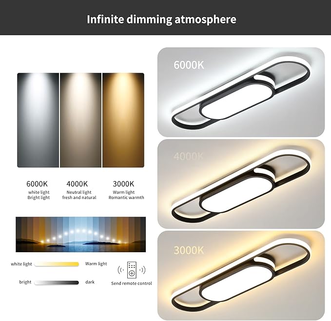 Tioolo Modern LED Linear Ceiling Lights Dimmable LED Ceiling Lamp with Remote Control 2.3ft Acrylic Flush Mount Ceiling Lighting Fixtures for Living Room Kitchen Dining Room (40W/3000-6500K/Black)